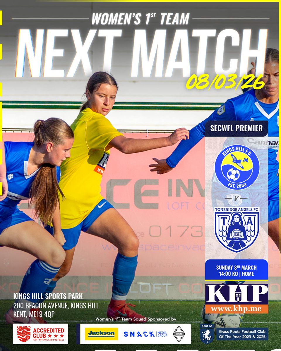 KingsHillFC1's tweet photo. 🚨 MATCHDAY 🚨

Women’s 1st Team 🆚 Tonbridge Angels
🕑 2:00pm KO | Home
📍 Kings Hill Sports Park

🟡🔵

#KingsHillFC #WomensFootball #Matchday https://t.co/PTbofcRvgJ