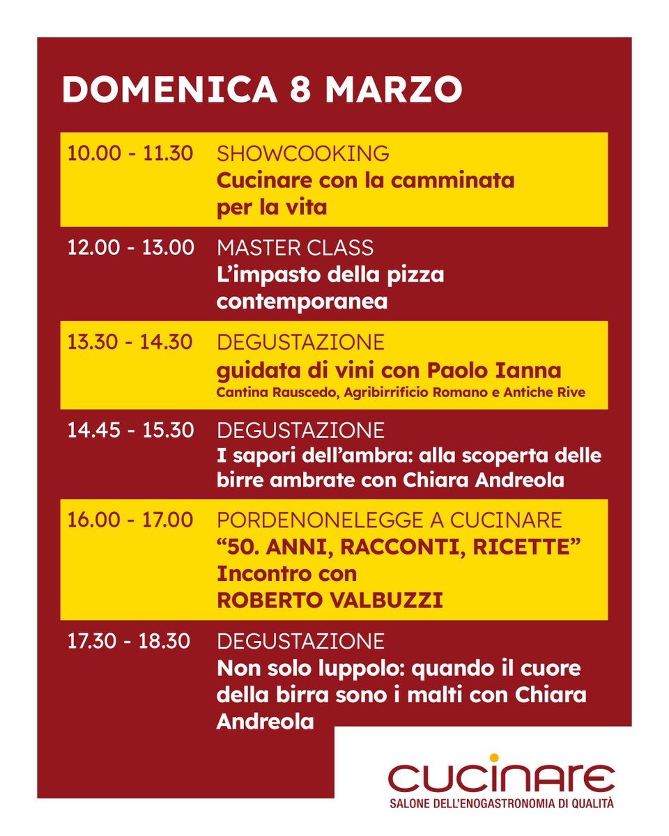 Domani si alza il sipario su Cucinare 2026👨‍🍳 

Showcooking, sapori da scoprire, prodotti d'eccellenza e i migliori chef ed esperti pronti a portarvi nel mondo del gusto. 

🎟️ La promo biglietti (€8 invece che €10) scade oggi a mezzanotte: tinyurl.com/3nkx6j5k