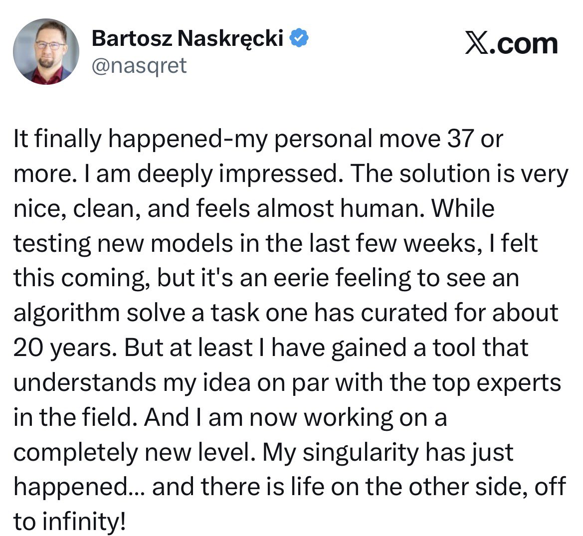 一个顶尖数学家，花了20年解不开的题。

被GPT-5.4解决了。

这位数学家叫Bartosz Naskręcki。
他说，看到算法解开自己钻研了20年的任务，感觉很诡异。

AI的解法怎么样？
干净、漂亮，几乎像人类的手笔。

他把这一刻，称为自己的“AlphaGo第37手”。
这是什么意思？