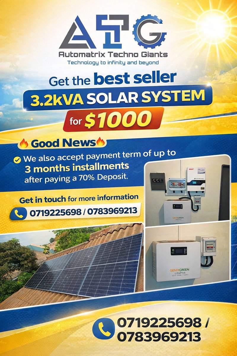 Get the best seller 3.2kva for just 💲1️⃣0️⃣0️⃣0️⃣.

🔥Good News🔥
We also accept payment terms of up to 3 months installments after paying a 70% Deposit.

Get in touch for more information
0719225698/0783969213