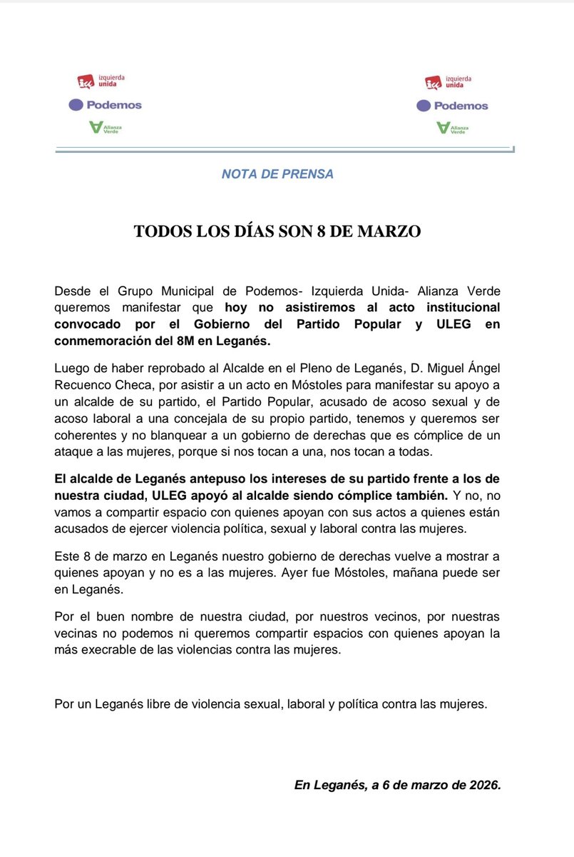 ¿Apoyarías a quién apoya a un equipo de gobierno que acompaña al alcalde de #Mostoles, acusado de acoso sexual y laboral? 
ULEG apoyó esta decisión siendo cómplice
Nosotras NO VAMOS A ASISTIR al acto del #8M en #Leganés
Ya está bien de violencia política, sexual y laboral.
👇🏽👇🏽👇🏽