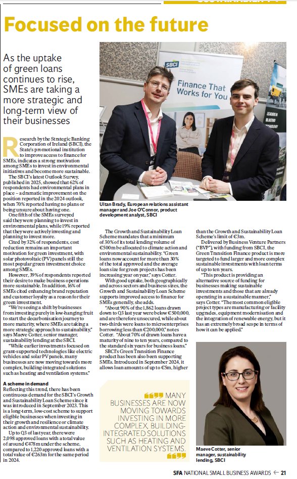 SBCIreland's tweet photo. Delighted to share that SBCI Senior Manager for Sustainability Lending was featured in yesterday’s Irish Independent Supplement.
Maeve highlights the strong demand for sustainability‑focused finance and how #IrishSMEs are increasingly making strategic green investments.
@SFA_Irl https://t.co/RBZOam69Ju