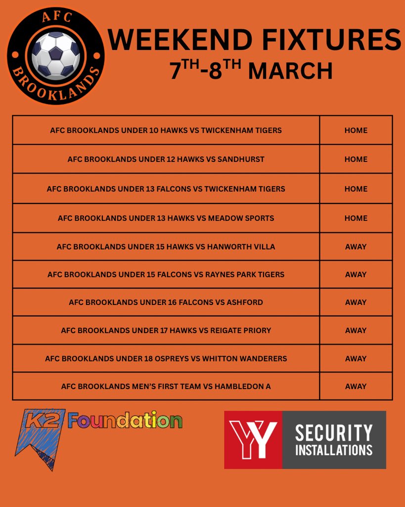 AFCBrooklands's tweet photo. A full fixtures list this week! Good luck to all brooklands teams🧡⚽️ https://t.co/tHgyCf92oQ
