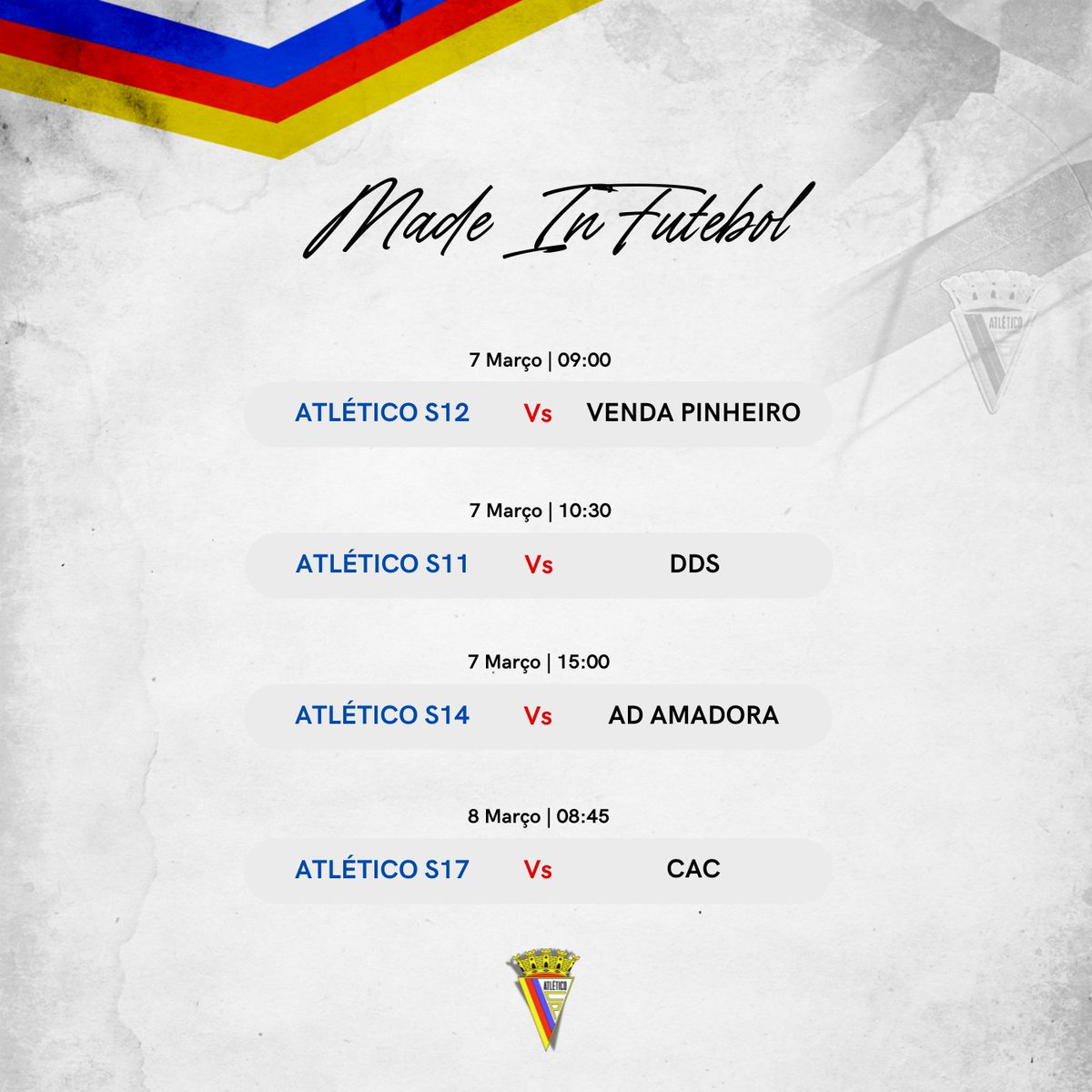 AtleticoCP1942's tweet image. 📆 Agenda #MadeInAtletico  

Os nossos futuros craques vão a jogo! ⚽️🏀

O 𝗙𝗨𝗧𝗨𝗥𝗢 está em 𝗖𝗔𝗦𝗔! 💪

🟡🔴🔵

#sempreatletico 
#ViverLutarVencer