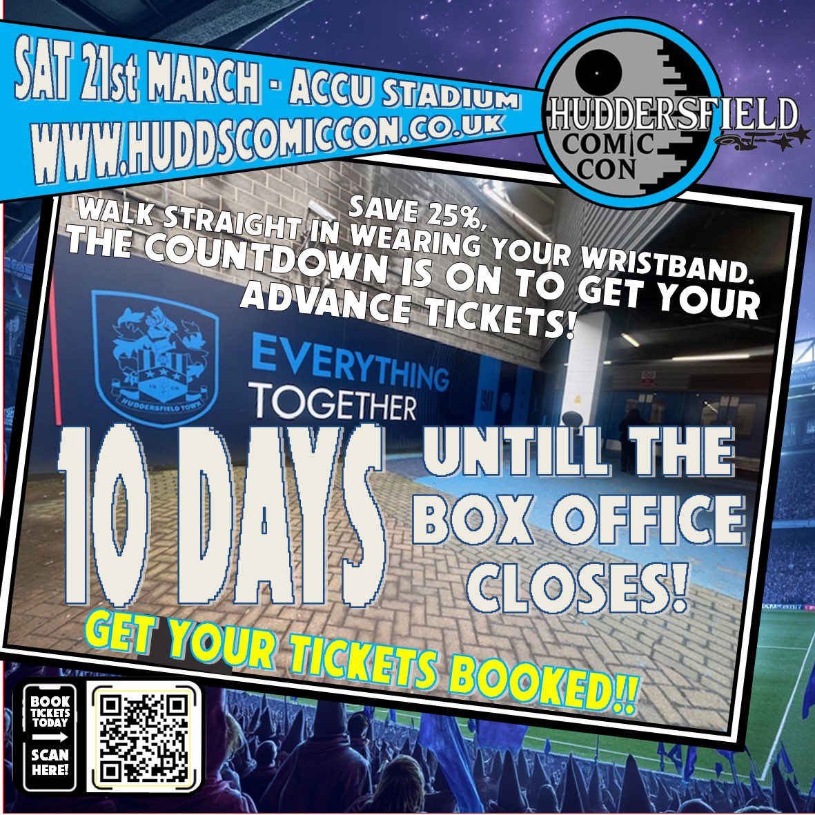 HuddsComicCon's tweet photo. TICKET OFFICE CLOSING WARNING: Last chance to get your DISCOUNTED #Huddersfield #ComicCon entry tickets. 

You can purchase on the door, but these get you in quicker and cheaper!

Buy them here NOW: https://t.co/Om5nnLyAbg https://t.co/CJXq57UCZg