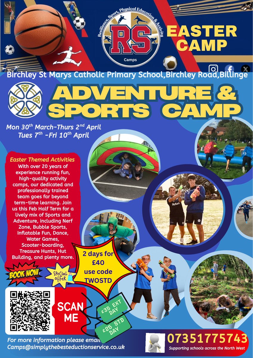 RSPeducator's tweet photo. “Physical Activity becomes a unique experience where fun and challenge meet”We’re excited to announce that we’re offering Easter camps at St Mary’s Academy / Birchley St Mary’s.A amazing chance for your child to enjoy traditional and non-traditional indoor and outdoor activities https://t.co/Uf7dh3aJKU