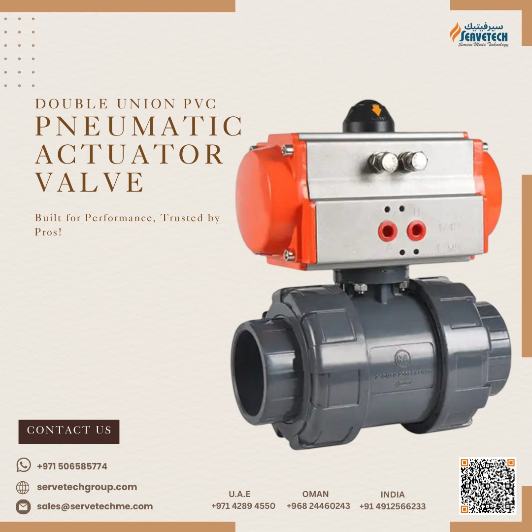 Servetech_'s tweet image. Upgrade your flow control with  Double Union PVC Pneumatic Actuator Valve! 🔧

✅ 1M+ cycle lifespan ✅ Chemical resistant (UPVC/CPVC) ✅ Easy double union install
Ideal for water treatment &amp;amp; automation. 💧
 #IndustrialAutomation #Servetech