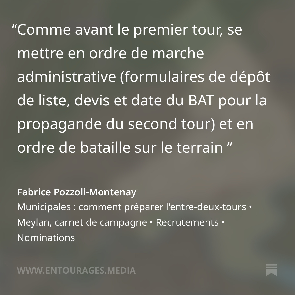 🗳️ Bien gérer son entre-deux-tours :  le premier tour des élections municipales n’a  pas encore eu lieu. Mais pour les équipes politiques, la gestion du second tour est une préoccupation majeure. Il va  falloir repartir sur une nouvelle campagne ramassée.
entourages.media/p/municipales-…