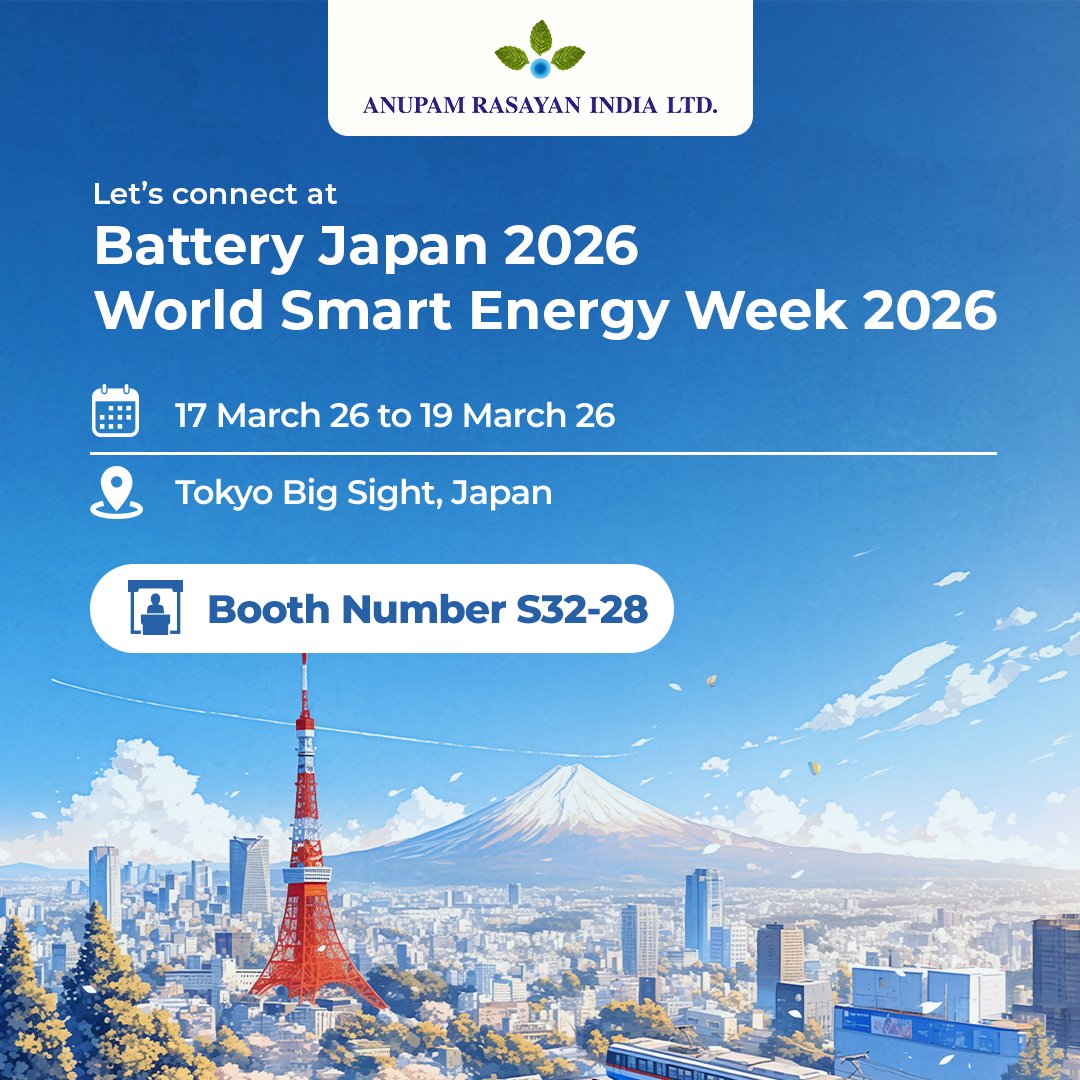#AnupamRasayan India Ltd. will be exhibiting at #BatteryJapan2026 during World Smart Energy Week 2026.

📅 17–19 March 2026
📍 Booth S32-28

We look forward to connecting and exploring innovations in battery and energy storage technologies.