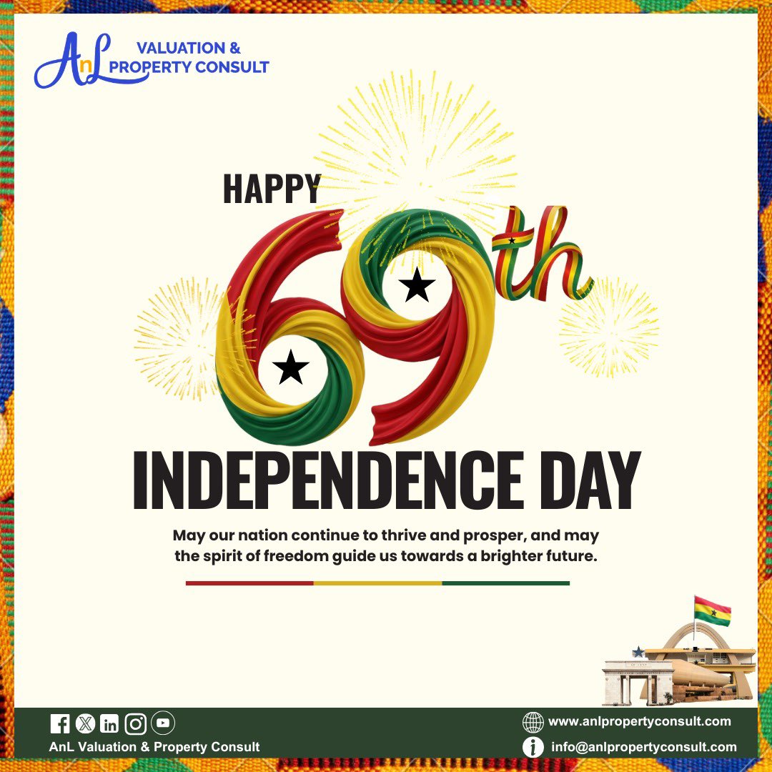 AnlConsult's tweet photo. Celebrating the strength, freedom and resilience of our nation. Happy Independence Day, Ghana.🇬🇭

#Independenceday 
#Ghana@69
#Freedomandjustice
#AnLvaluation 
#Realestate https://t.co/Q4UYymeQk0