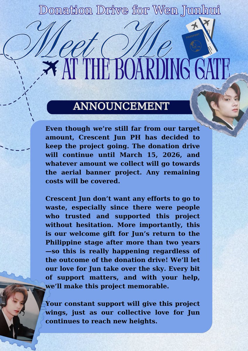 THIS IS YOUR CAPTAIN SPEAKING!

Special announcement for flight JN610 🛫

Our love for Jun is taking flight! The aerial banner project is on its way. ✈️

You can still be part of this project as donations are still open until March 15, 2026, 11:59PM. 

Every bit of support brings