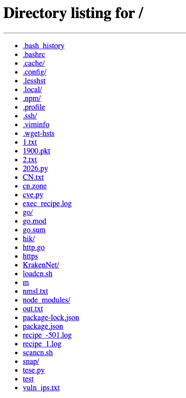 SansLimit3's tweet image. Exposed attacker infra scanning #CVE-2026-24061 using custom exploits. Bash history and directory artifacts reveal #KrakenNet #DoS tool deployment and external payload downloads.

176[.]65.148.254:8080
212[.]135.38.87
94[.]26.106.137
@malwrhunterteam @UK_Daniel_Card @1ZRR4H