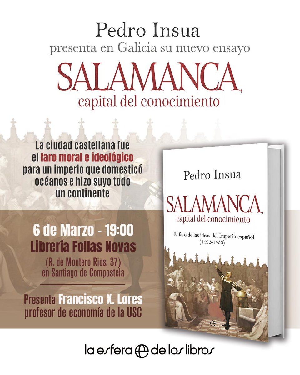 A quien interese, hoy viernes 6 de marzo, a las 19:00, en la magnífica librería Follas Novas de Santiago,tendrá lugar la presentación de mi libro Salamanca , capital del conocimiento (<a href="/esferalibros/">La Esfera de los Libros</a> , 2026).  Conducirá el acto  <a href="/Fuco_LoresInsua/">FranciscoXavierLores</a>, profesor de Economía de la <a href="/USC/">USC</a>