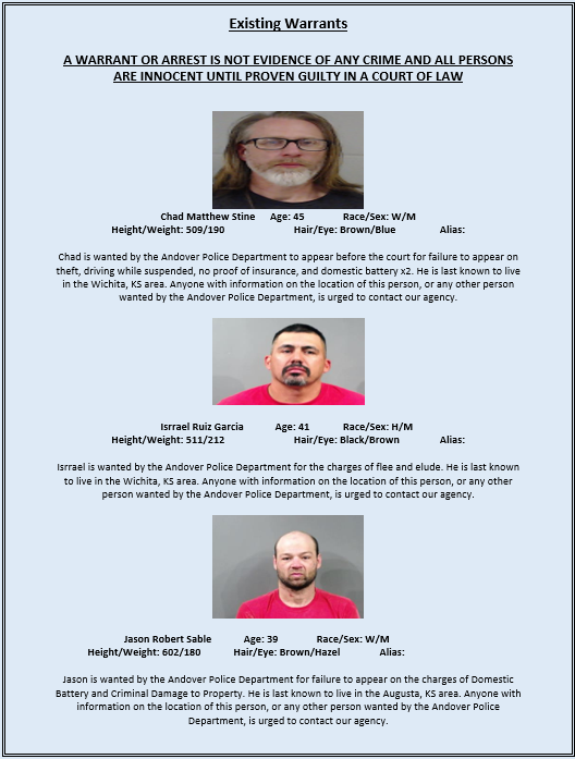 AndoverKSPD's tweet photo. Those arrested are presumed innocent until proven guilty in a court of law. Anyone with information about crimes in our area are encouraged to contact the Andover Police Department at (316) 733-5177 https://t.co/fayXBrrd1s