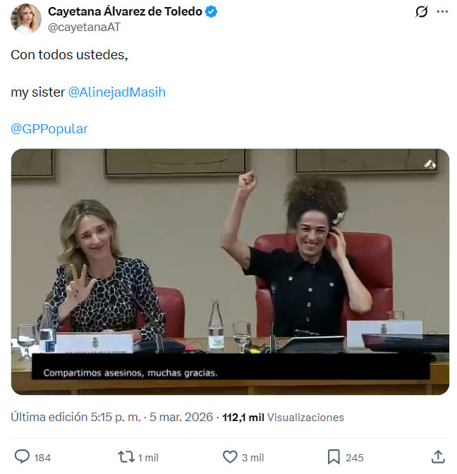 JulianMaciasT's tweet image. Ayer Cayetana llevó al congreso a su "hermana" Masih Alinejad para atacar a Pedro Sánchez, propagandista oficial de EEUU, financiada por fondos públicos del gobierno a través de NED y VOA recibiendo alrededor de 1 millón de euros.
Cayetana y su "familia" financiada desde EEUU