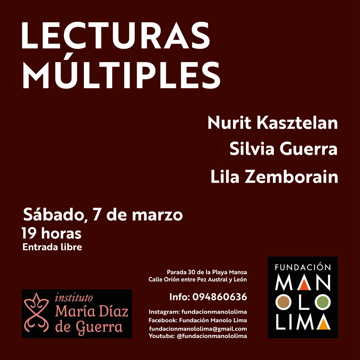 DiazInstituto's tweet photo. LECTURAS MÚLTIPLES 

Sabado 7 de marzo
19 hs

Entrada gratuita.

Les espersmos! https://t.co/gntkkLD3zR