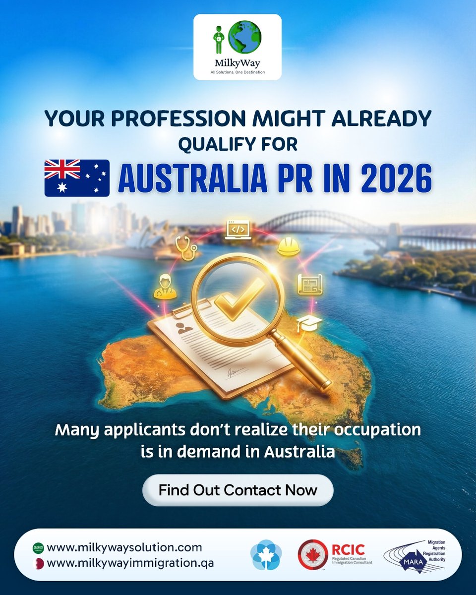 MilkyWaySaudi's tweet photo. Your profession may already be in demand in Australia.
Many skilled professionals are eligible for Australia Permanent Residency without realizing their qualifications match Australia’s skilled migration requirements.

With the guidance of MilkyWay Immigration, you can evaluate your eligibility and move forward with confidence toward new opportunities in Australia.

Why Choose MilkyWay?

• Registered with IRCC, MARA & MIA – Certified and trusted experts
• Smooth Process – Clear, transparent, and well-structured guidance
• End-to-End Support – From eligibility assessment to settlement assistance
• Proven Reliability – Trusted by thousands of successful applicants

Start your migration journey with a free assessment today.

Saudi Arabia
Riyadh: 054 159 1427
Jeddah: 054 144 6850
Al Khobar: 056 292 4040

#MilkyWayImmigration #AustraliaPR #AustraliaImmigration #SkilledMigration #ImmigrationExperts #WorkInAustralia #GlobalOpportunities #VisaConsultants