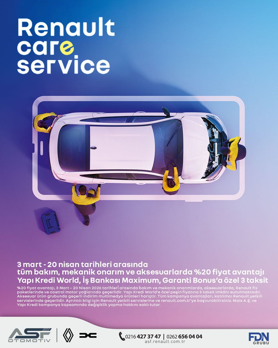 3 Mart – 20 Nisan tarihleri arasında ASF Renault&amp;Dacia’da tüm bakım, mekanik onarım ve aksesuarlarda %20 indirim avantajı sizleri bekliyor.

📲 Hızlı randevu ve detaylı bilgi için:
📞 0530 555 5844

#ASFRenaultDacia #ASFOtomotiv #YetkiliServis