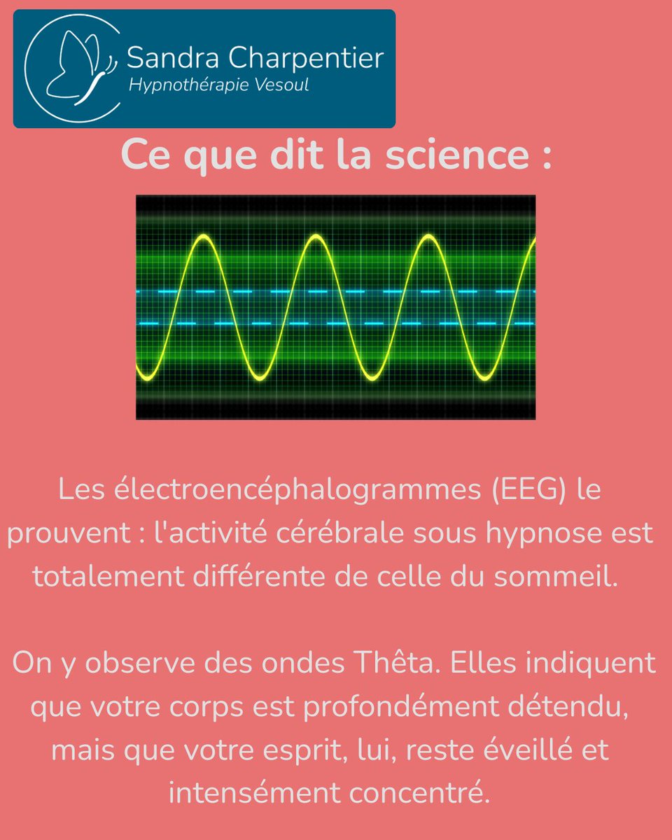 HypnoseVesoul's tweet photo. « En hypnose, on dort. » 😴 Faux ! ❌

C'est le mythe n°1. En réalité, votre corps est profondément détendu mais votre esprit est hyper-concentré (ondes Thêta 🧠).  🗣️

Vous pensiez aussi venir faire une sieste ? 😉👇

#Hypnose #Vesoul #IdeeRecue https://t.co/l6GJP8czHW