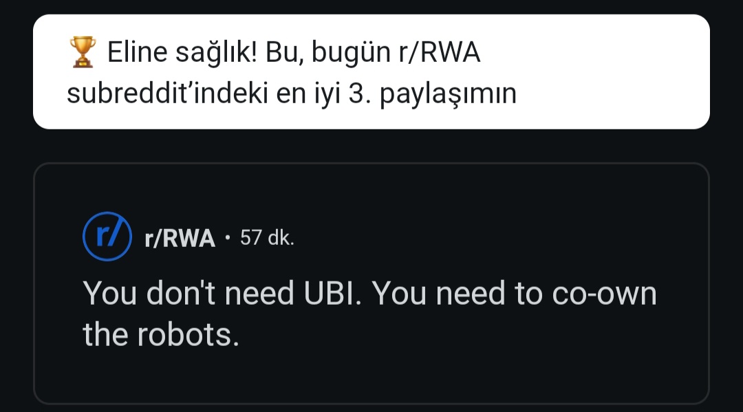 r/RWA'da 'You don't need UBI. You need to co-own the robots' postum top 3'e girdi + ödül aldı 🏆🤖
Robot/AI varlıkları tokenized edilip bankaya teminat koyunca kendi kredisini çekip kendini finanse edebilecek.
UBI bandaj, bu gerçek üretim co-ownership + self-sustaining devrim 🚀