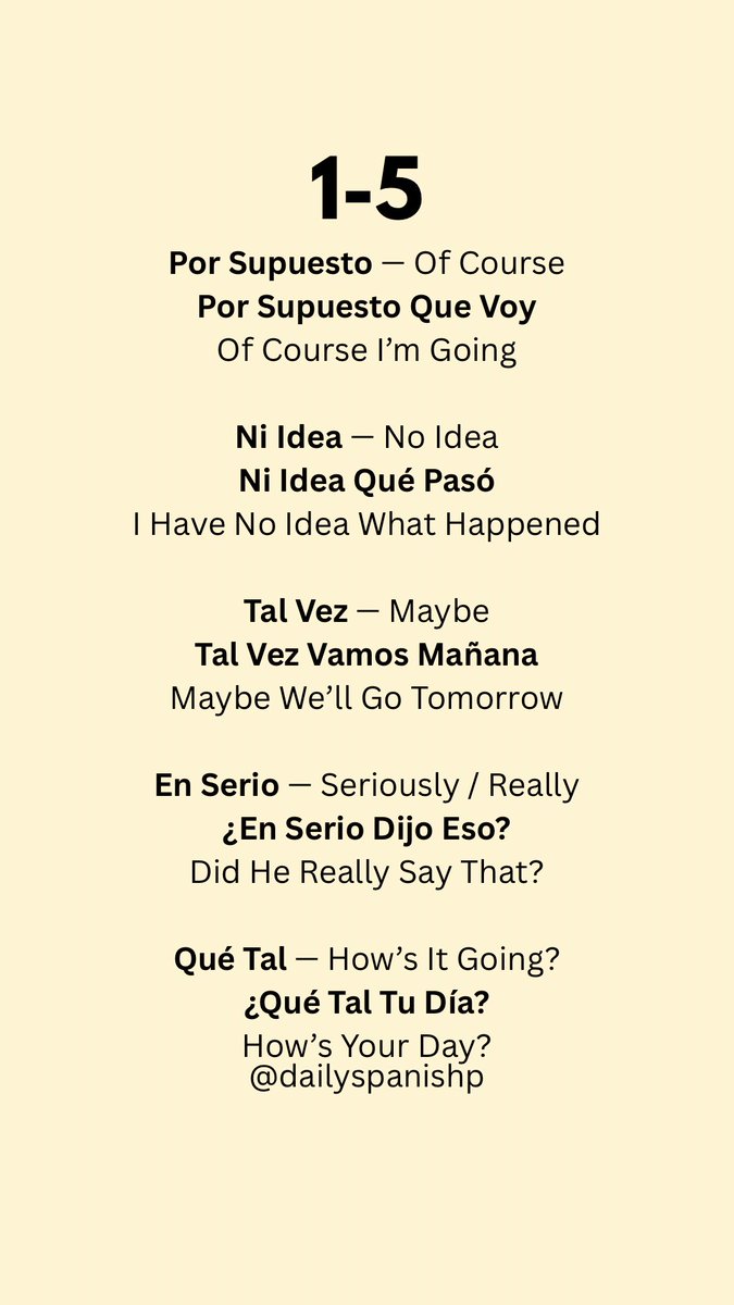 DailySpanishP's tweet photo. Spanish phrases you need to know 🇪🇸

Learning phrases (not just vocabulary) helps you sound much more natural when speaking Spanish.

Save these and start using them in conversation.

#LearnSpanish #SpanishTips
#spanish #spanishlesson #spanishteacher https://t.co/qYke3Uuqpa
