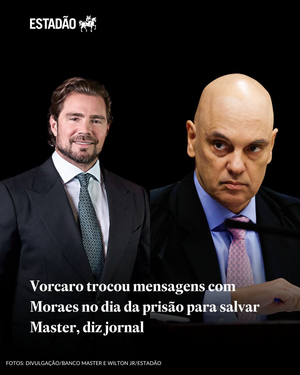 Estadao's tweet photo. CASO MASTER | Vorcaro trocou mensagens com Moraes no dia da prisão para salvar Master, diz jornal → https://t.co/yF57XjcI0M

Banqueiro e o ministro conversaram por meio de prints de blocos de notas; magistrado nega ter recebido as comunicações e fala em “ilação mentirosa” https://t.co/Mn6WuQfcqS