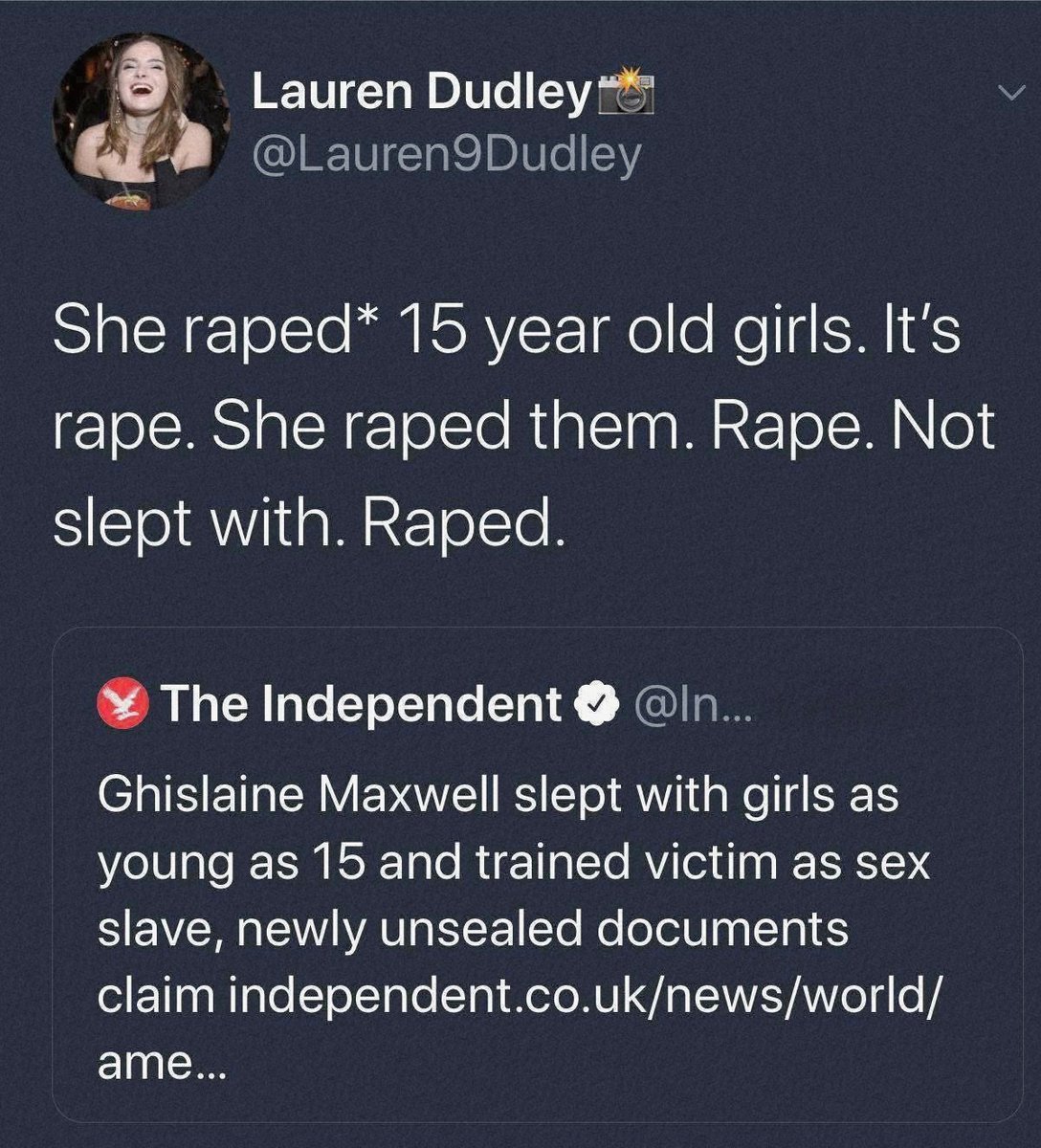 SophieP25397's tweet image. Why does the media try to minimise sexual abuse?

For me #Maxwell got a light sentence. I would have gave her a whole life tariff. Never getting out except in a wooden box.