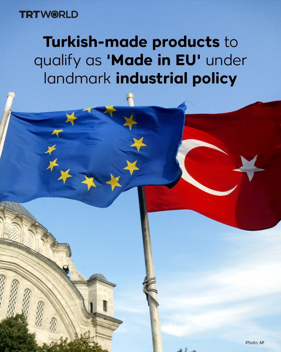 trtworld's tweet photo. The European Commission announces that Turkish goods and components would be considered "Made in EU" under a new industrial initiative, allowing them to qualify for certain public subsidies and auctions within the bloc
🔗https://t.co/3YchqOaLav https://t.co/2uCxjTKzJb