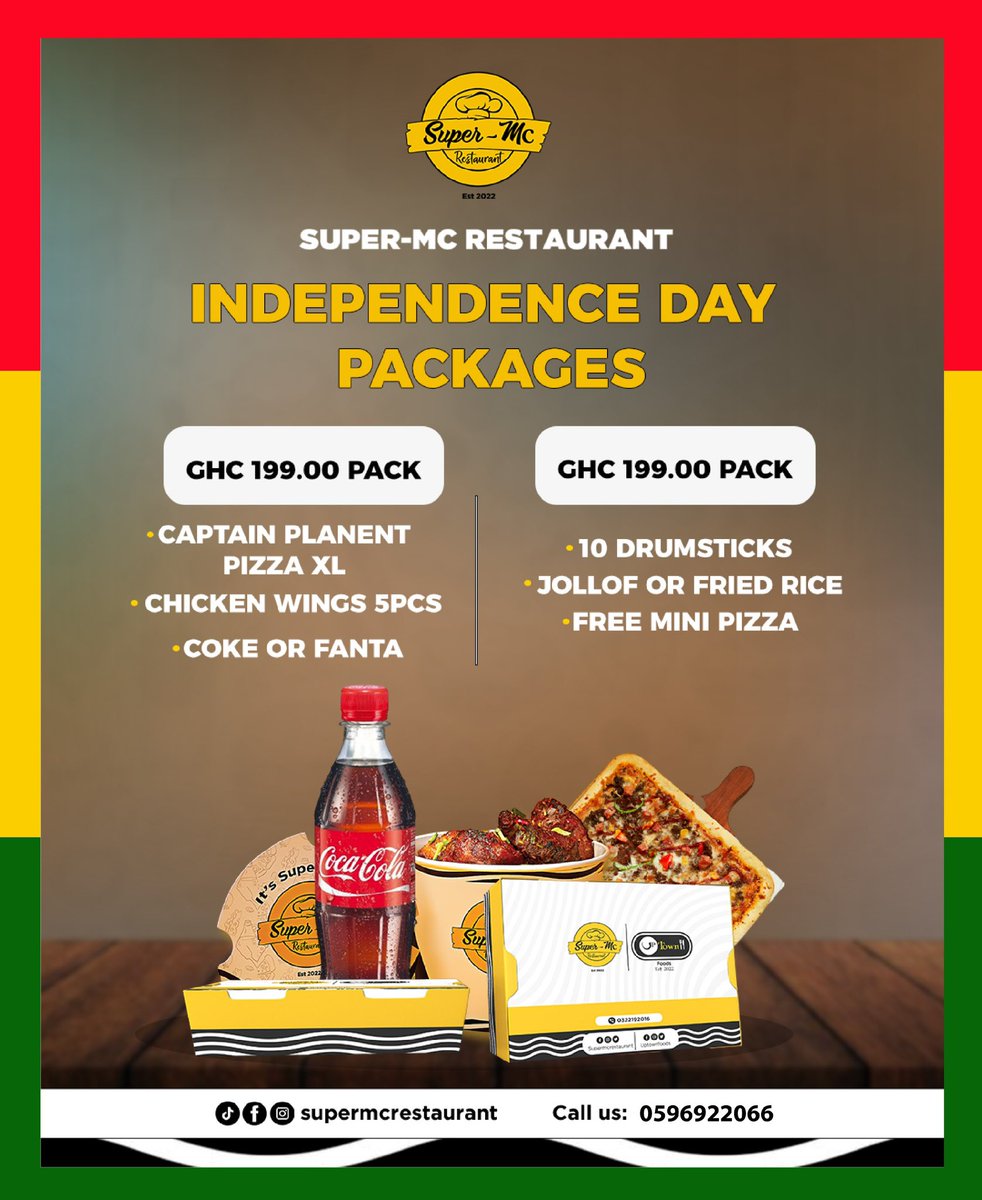 🔥🇬🇭 Celebrate Independence Day with a Delicious Treat from Super-MC Restaurant! 🇬🇭🔥

Enjoy our special Independence Day Packages for only GHC 199.00 and share the joy with family and friends! 🎉🍕🍗

Great food, great value, and the perfect way to celebrate Ghana’s independence