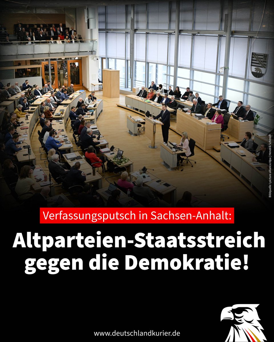 Verfassungsputsch in Sachsen-Anhalt: Altparteien-Staatsstreich gegen die Demokratie!

Getarnt als „Parlamentsreform 2026“ und „Demokratieschutz“ haben die Kartell-Fraktionen im Landtag von Sachsen-Anhalt staatsstreichartig nicht mehr und nicht weniger als einen Verfassungsputsch