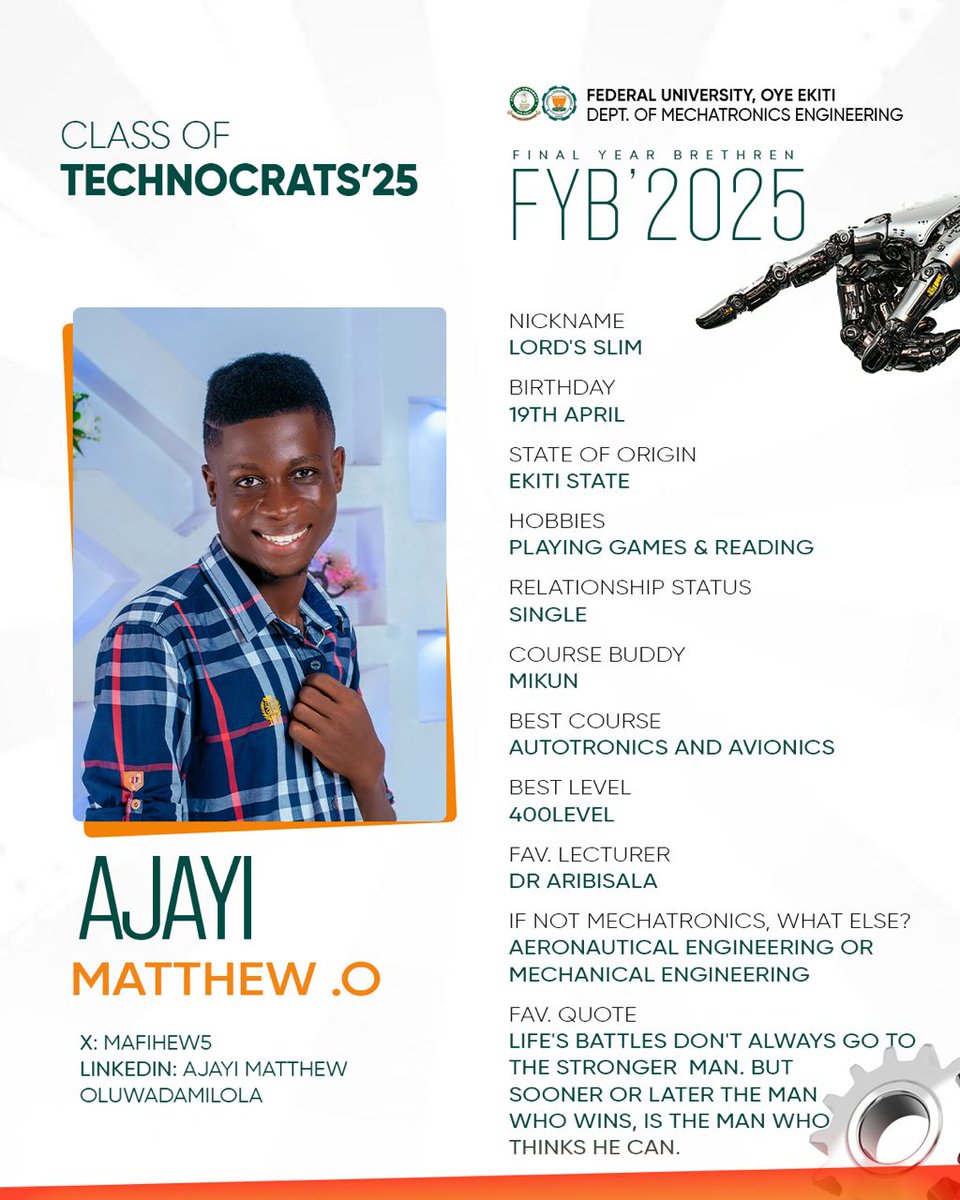 namtesofficial's tweet photo. Ajayi Matthew .O (Lord’s Slim)
Technocrats ’25

Calm, focused, and always thinking ahead, Matthew represents the true Technocrat mindset. With a passion for Autotronics and Avionics, he believes success starts in the mind. https://t.co/XfqkJW29q1