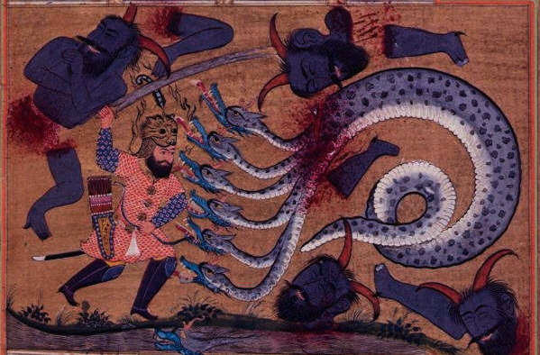 Imam Ali killing the dragon...while wearing a lion head dress...A miniature painting from a seventeenth century manuscript of Khavarnama, a poem on the legendary warlike deeds of 'Ali. - Punjab, 1686