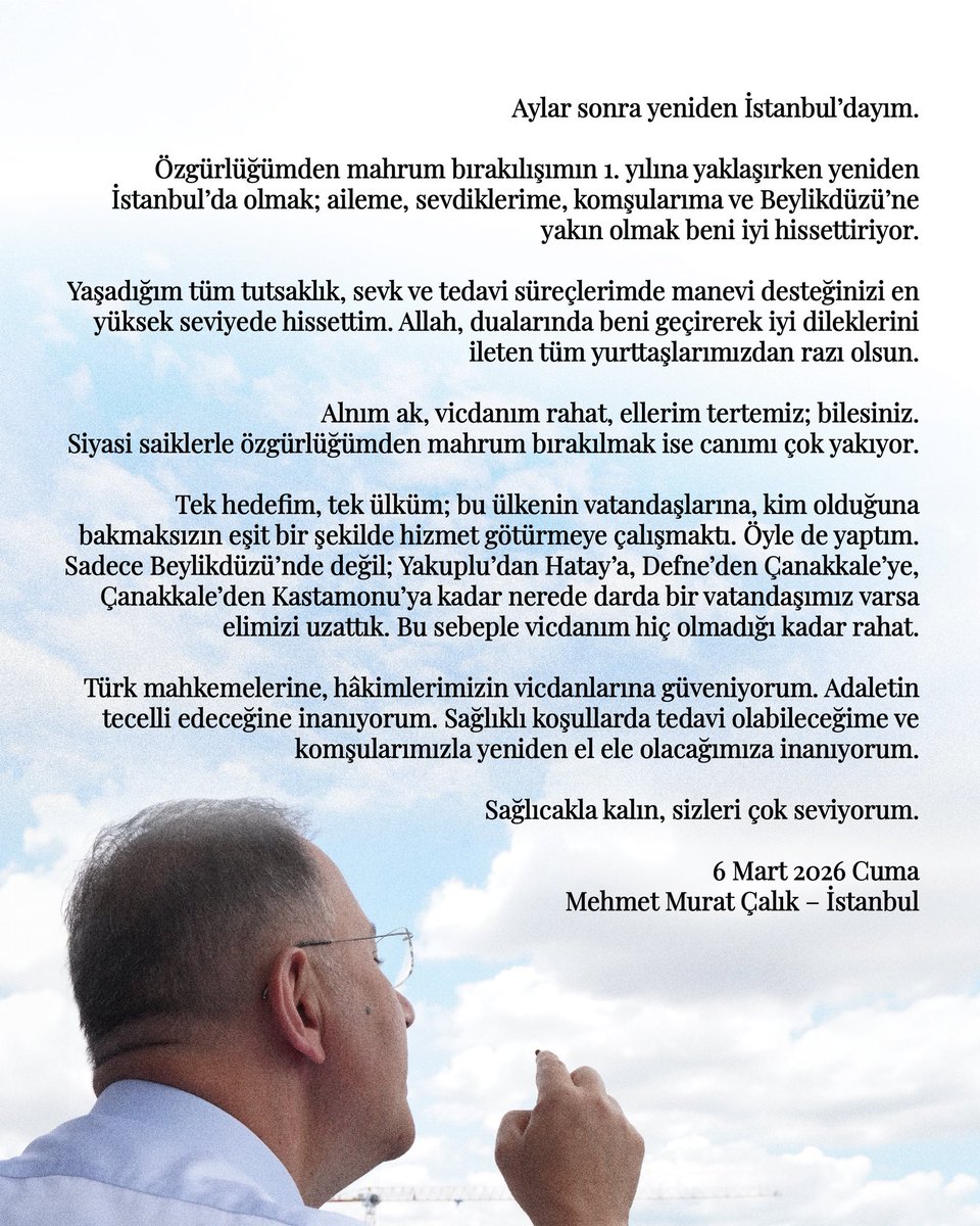 Aylar sonra yeniden İstanbul’dayım.

Özgürlüğümden mahrum bırakılışımın 1. yılına yaklaşırken yeniden İstanbul’da olmak; aileme, sevdiklerime, komşularıma ve Beylikdüzü’ne yakın olmak beni iyi hissettiriyor.

Yaşadığım tüm tutsaklık, sevk ve tedavi süreçlerimde manevi desteğinizi