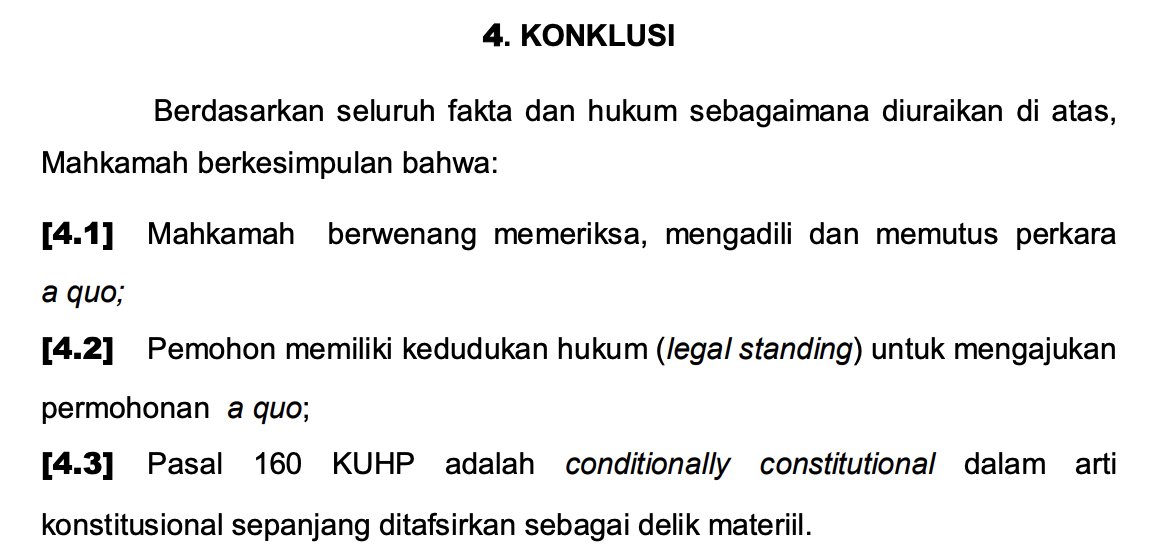 maidina__'s tweet photo. Di Putusan Delpedro dkk, hakim mempertimbangkan Pasal 160 delik materiil (harus ada sebab akibat) hasutan dgn melakukan tindak pidana (Putusan MK 7/2009)

Tapi di Putusan Laras hakim menolak untuk menafsirkan Pasal 161 KUHP sebagai delik materiil, pdhl perbuatannya sejenis.. https://t.co/ZhqJ1H9oGv