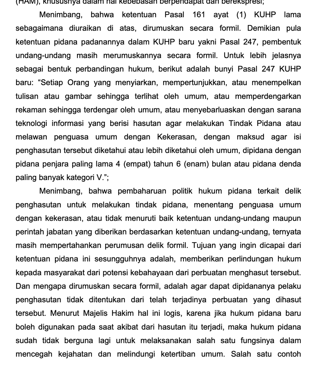maidina__'s tweet photo. Di Putusan Delpedro dkk, hakim mempertimbangkan Pasal 160 delik materiil (harus ada sebab akibat) hasutan dgn melakukan tindak pidana (Putusan MK 7/2009)

Tapi di Putusan Laras hakim menolak untuk menafsirkan Pasal 161 KUHP sebagai delik materiil, pdhl perbuatannya sejenis.. https://t.co/ZhqJ1H9oGv