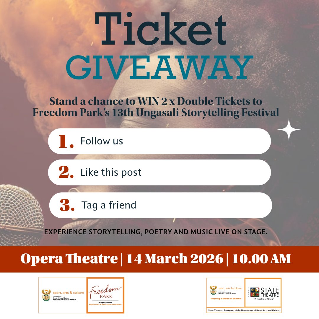 🎟️ WIN 2 x DOUBLE TICKETS

Stand a chance to experience Freedom Park’s 13th Ungasali Storytelling Festival live 🎭

To enter:
Follow us, like &amp; tag who you'd bring.
📅 14 Mar 2026
📍 The South African State Theatre

#UngasaliStorytellingFestival #echoesoftomorrow
<a href="/sastatetheatre/">SA State Theatre</a>
