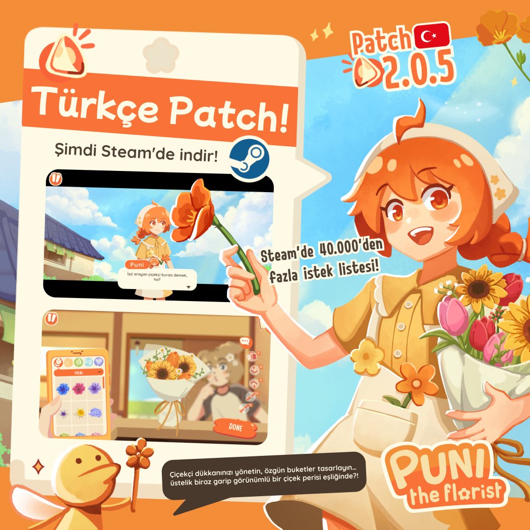 EarthquackGames's tweet image. Puni the Florist Demo Patch 2.0.5 is OUT! 💐✨
Turkish language option is now available!
(Thank you Gizem!)
#PuniTheFlorist #EarthquackGames #CozyGaming #IndieGame