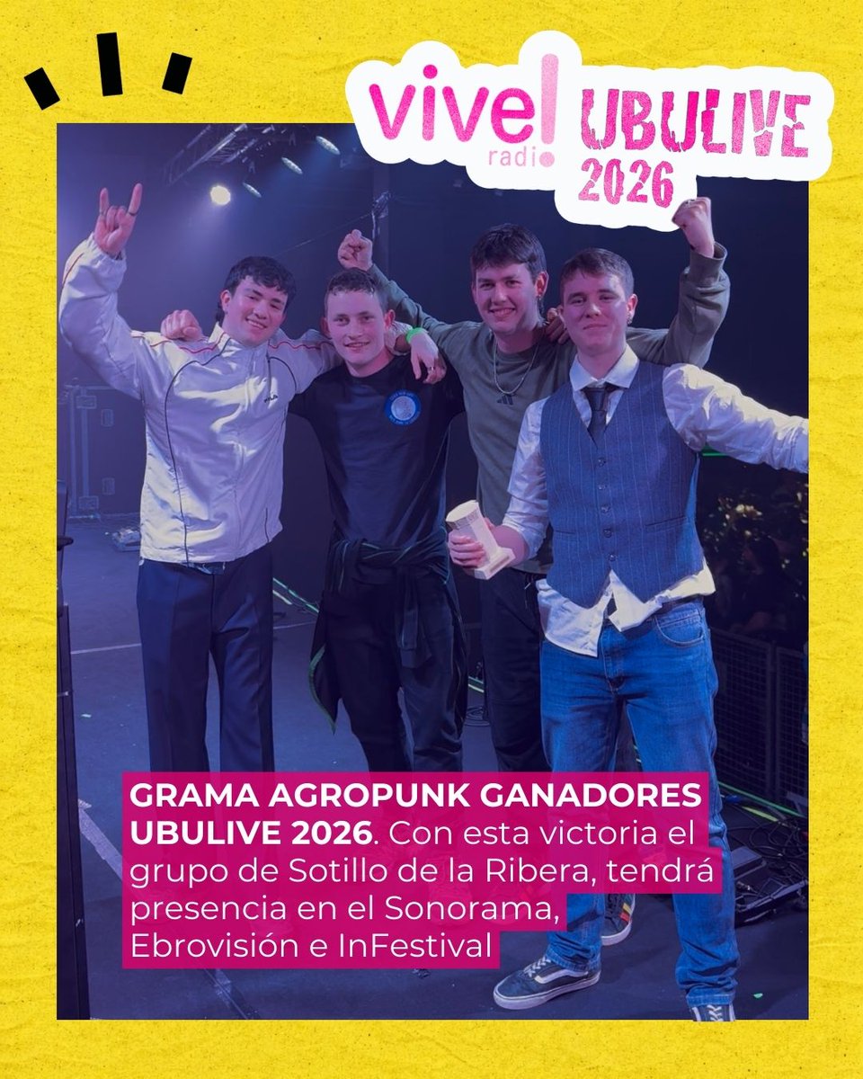 🎸 Grama Agropunk gana el UBULIVE 2026. La banda ribereña conquista el concurso de talentos de la UBU y tocará en Sonorama Ribera, Ebrovisión e IN Festival. Punk, humor y amor por su pueblo en una final marcada por el compañerismo entre bandas.

🎧 Pronto, el podcast.
