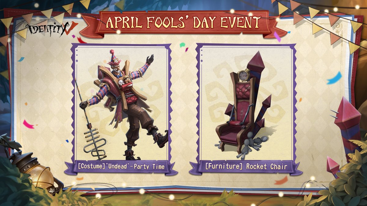 GameIdentityV's tweet photo. Dear Visitors,
Percy has turned into a Rocket Chair for April Fool's Day!? 
The iconic Rocket Chair will also be available as Furniture! Get both Costume and Furniture from March 26.
Plus, in a limited-time 1v4 mode, characters will shrink and grow for real!
#IdentityV https://t.co/M1f6tftqa8