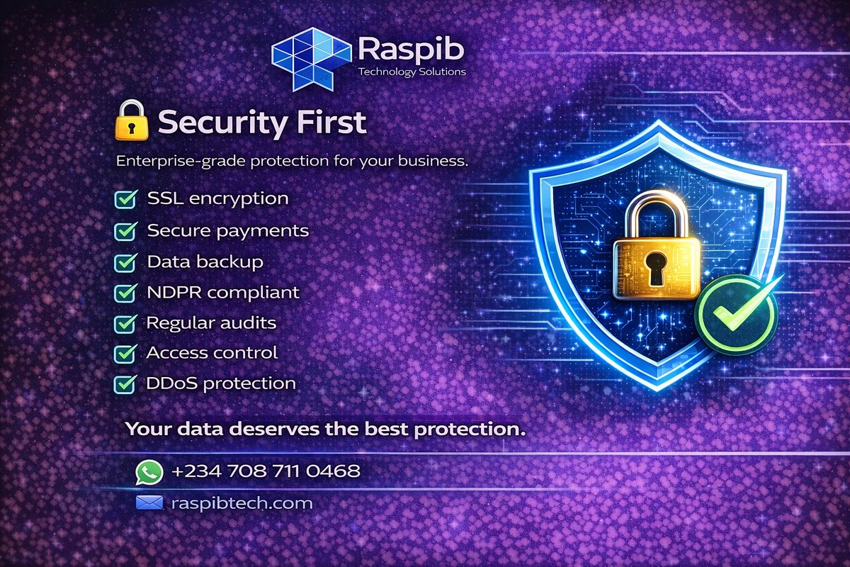 raspibtech's tweet photo. 🔒 Your Data Security is Our Priority

Every system we build includes enterprise-grade protection:

✅ SSL/HTTPS encryption
✅ Secure payment gateways
✅ Data backup &amp; recovery
✅ NDPR compliance
✅ Security audits
✅ Access control
✅ DDoS protection

Protect your business data https://t.co/tlFlRFi6AM