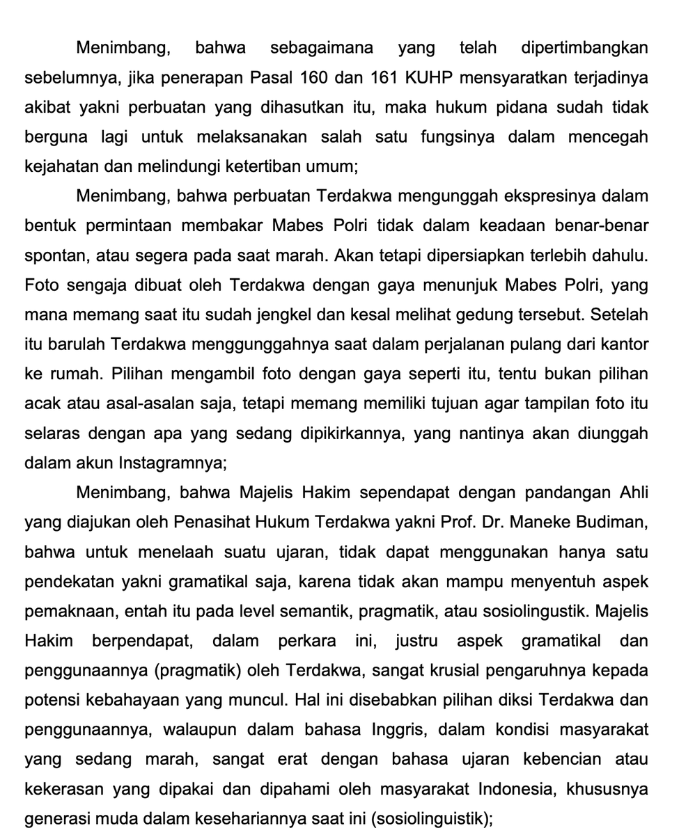 maidina__'s tweet photo. Di Putusan Delpedro dkk, hakim mempertimbangkan Pasal 160 delik materiil (harus ada sebab akibat) hasutan dgn melakukan tindak pidana (Putusan MK 7/2009)

Tapi di Putusan Laras hakim menolak untuk menafsirkan Pasal 161 KUHP sebagai delik materiil, pdhl perbuatannya sejenis.. https://t.co/ZhqJ1H9oGv