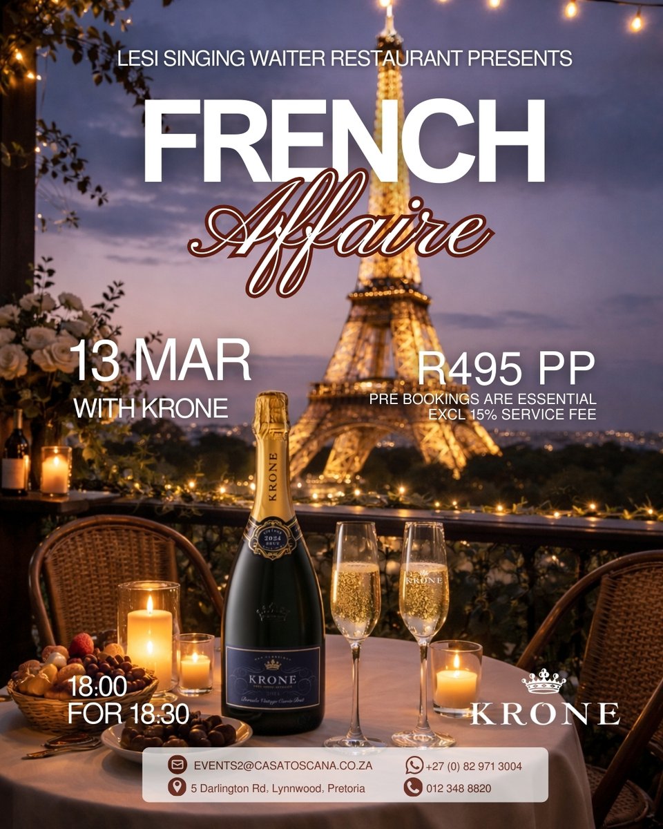 LeSiRestaurant's tweet photo. Welcome to the world of Krone 🥂

Join us 13 March at LeSi Singing Waiter Restaurant for our first Gourmet Pop-Up Wine Evening. Theme: French Affaire with a delicious menu paired with Krone bubbles.

R495pp | Pre-booking essential
Book now: https://t.co/p6UOs7MDJS https://t.co/Owz5NeRdOy