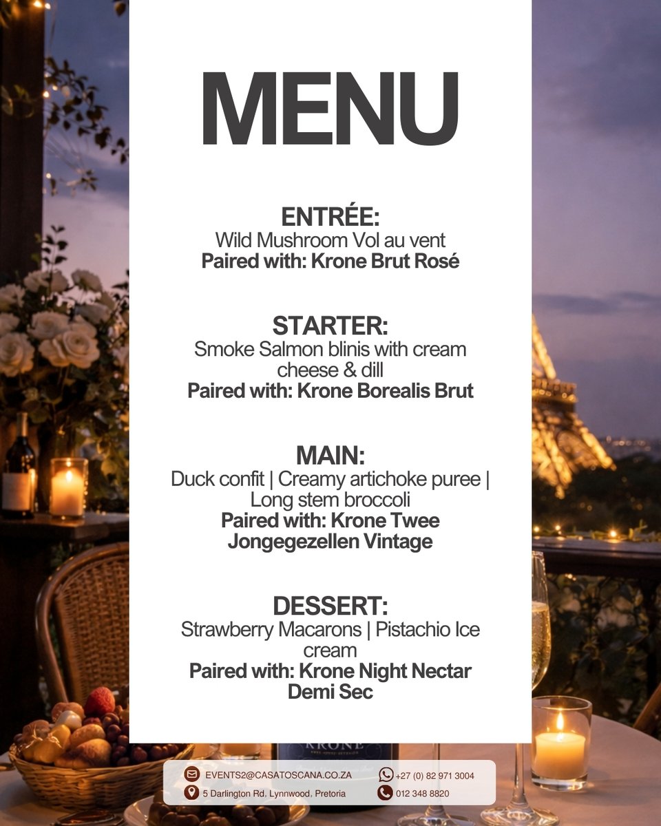 LeSiRestaurant's tweet photo. Welcome to the world of Krone 🥂

Join us 13 March at LeSi Singing Waiter Restaurant for our first Gourmet Pop-Up Wine Evening. Theme: French Affaire with a delicious menu paired with Krone bubbles.

R495pp | Pre-booking essential
Book now: https://t.co/p6UOs7MDJS https://t.co/Owz5NeRdOy
