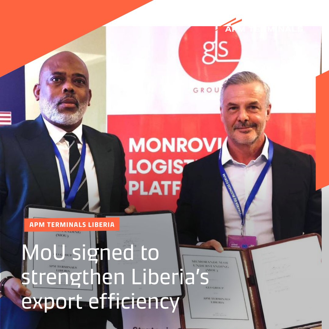 APMTerminals's tweet photo. APM Terminals Liberia &amp; GLS Group have signed an MoU to establish an export processing facility at the Freeport of Monrovia, streamlining export processes and improving trade reliability. https://t.co/5dqjjmqEWK https://t.co/KsbyNrSDk5