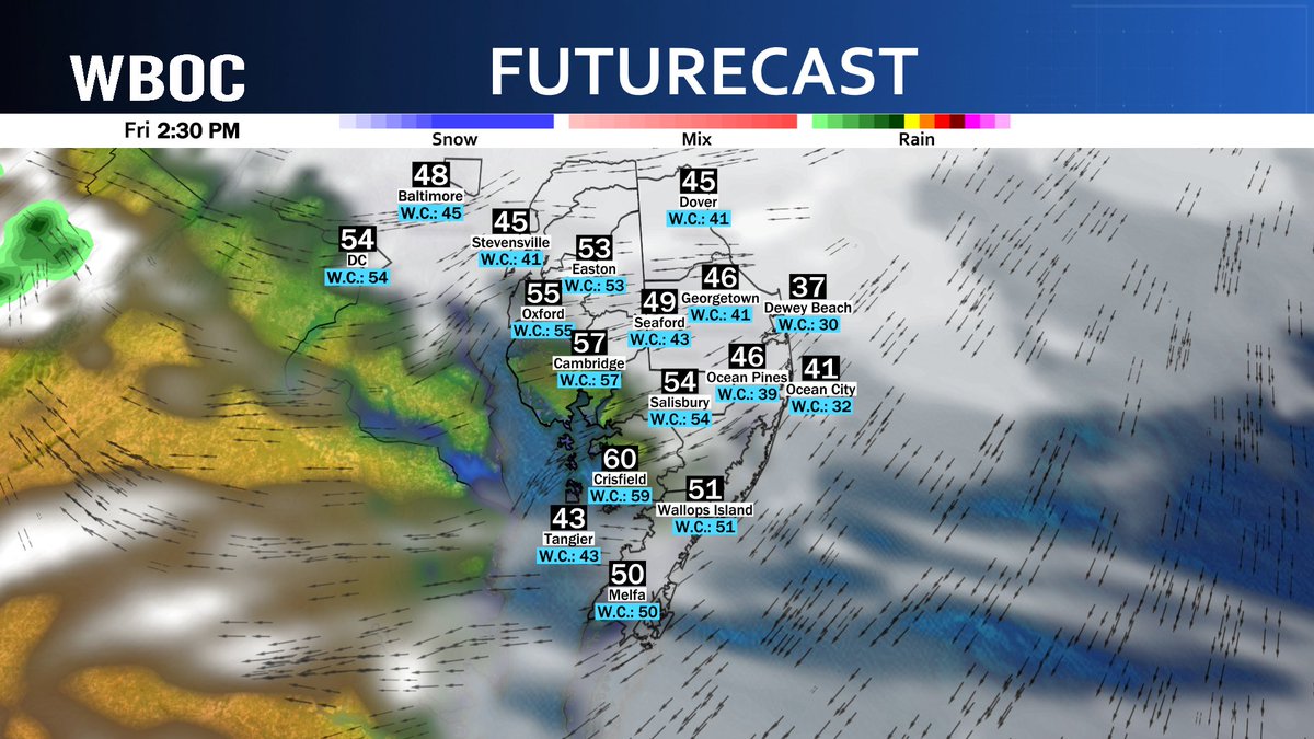 Waking up to a lot of low cloud and some fog across Delmarva. The back door cold front wins across most of the area as temperatures get knocked back into the 40s and 50s for highs...some of us on the Mid-shore may sneak up to 60 before the temperature falls in the afternoon.