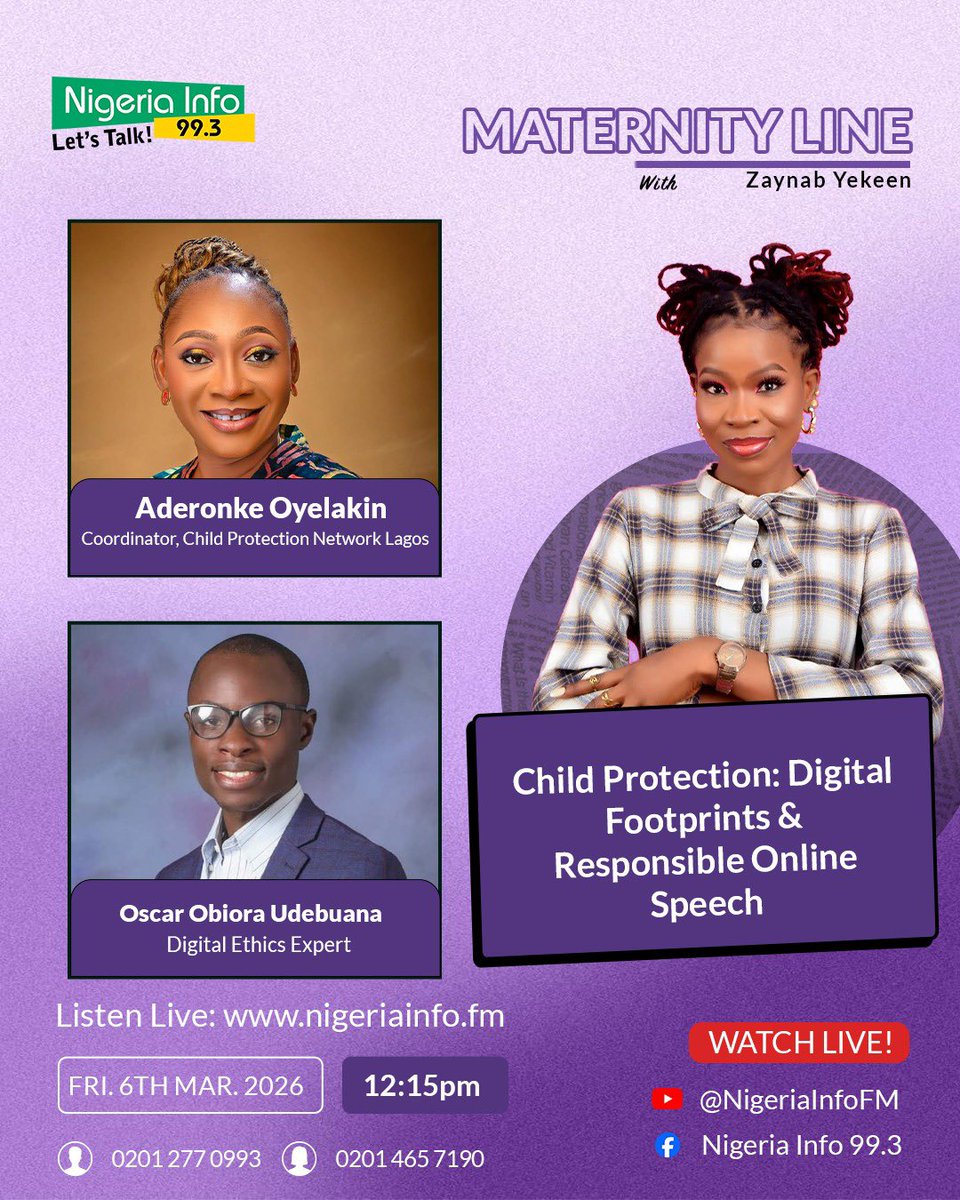 keenzaynab's tweet photo. Childrn may not post online, but they’re often most affected by what adults share.

Whr do we draw the line wt jokes or comments abt children?

What responsibility do adults have whn posts can live forever?

Tune in at 12:15pm  @NigeriainfoFM 

#MaternityLineShow #ChildProtection https://t.co/uUfzH5Huyf