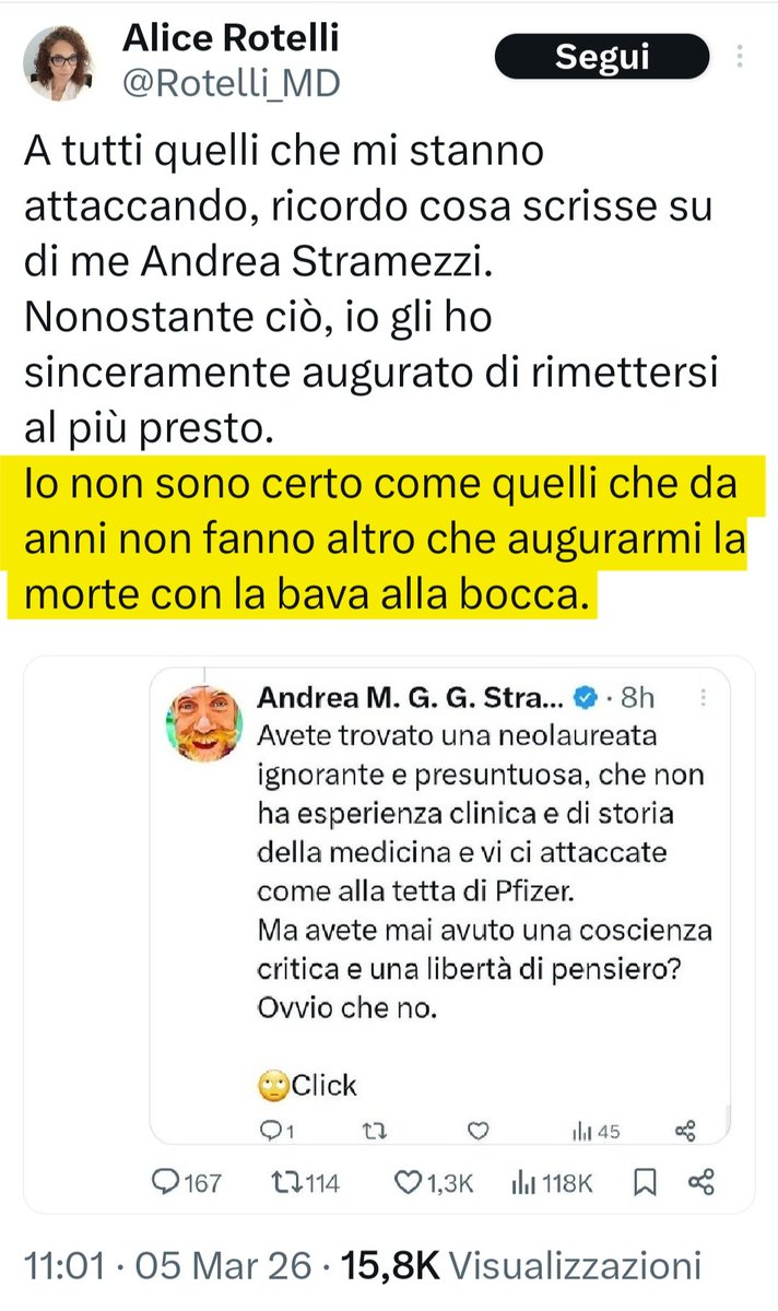 "Le augurano la morte con la bava alla bocca"

Titolo: Le manie di protagonismo della nostra dott.ssa Manolesta 🤭

Ma vai a cagare, tutt'al più ti dicono che sei idiota 🤣🤣🤣