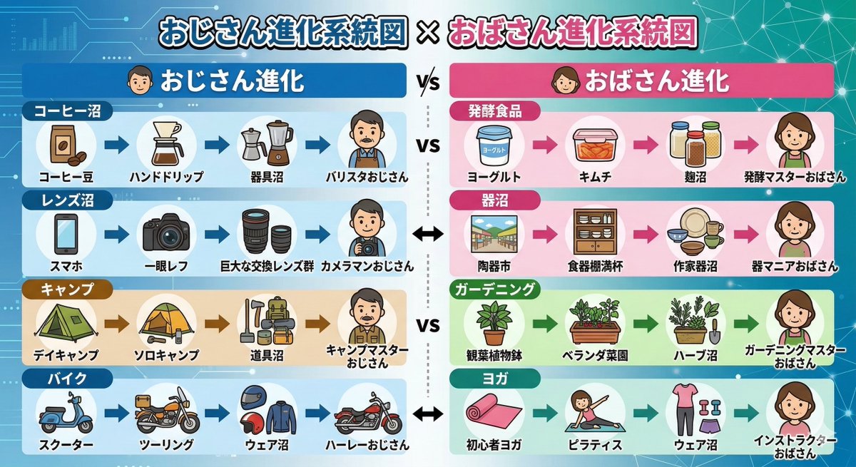 renosky99's tweet photo. おじさん進化系統図
　vs
おばさん進化系統図 https://t.co/55FgeN1irc