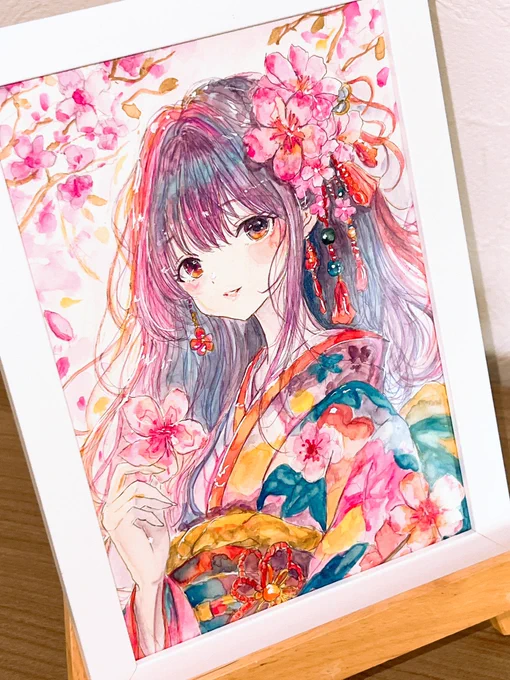 ヤフオク出品しました 桜をテーマに描いた 春の女の子の 一点もの原画 です 日曜夜まで出品しています よかったら見ていただけたら嬉しいです #イラスト #透明水彩 #アナログ原画 #ヤフオク