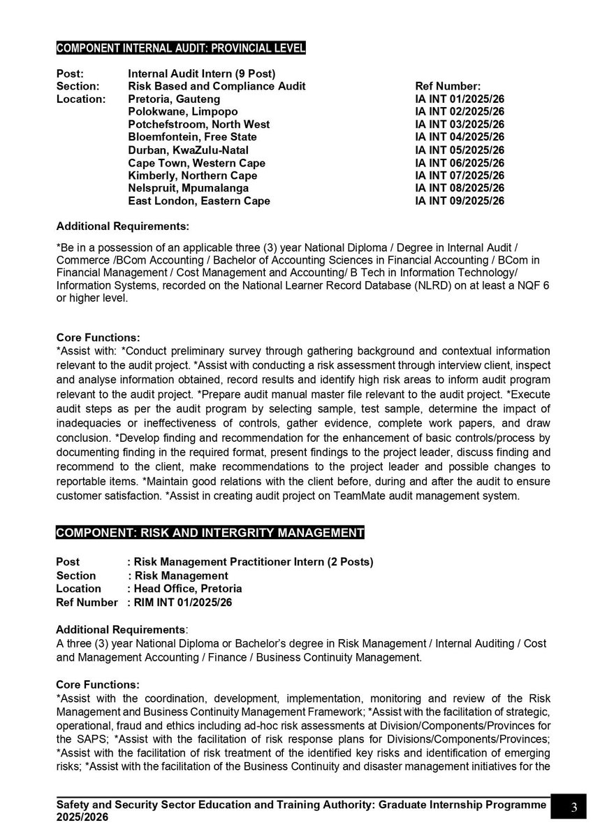 CarolBoitumelo1's tweet photo. South African Police Service (SAPS) is hiring!

1. Social Work (Intern) x16 posts
2. Psychologist/ Trauma Counsellors (Interns) x13 posts
3. Analyst Intern x8 posts
Internal Audit Intern x9 posts
4. Risk Management Practitioner Intern x2 posts
5. Integrity Management Practitioner Intern x2 posts

Closing Date 13 March 2026 
Download the application form or the advert in PDF from the link below 
https://t.co/x9dIO48U3y